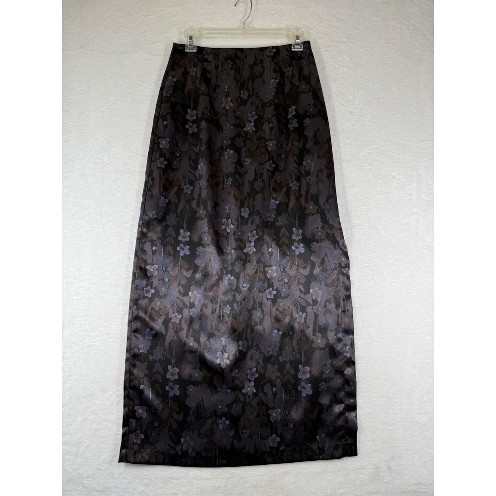 A. Byer California Vintage 90s Black Floral Satin Maxi Skirt Side Slit Size 7